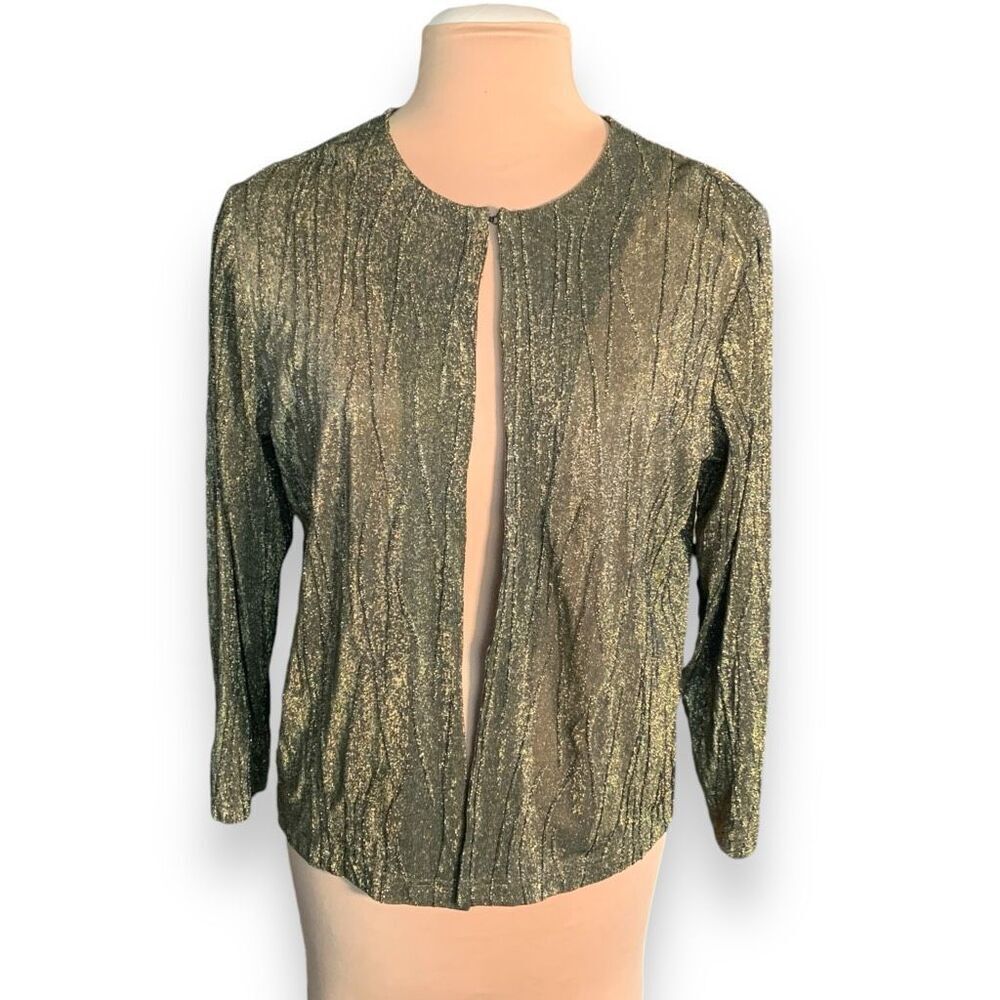 Vintage Lana Lee Petite Metallic Gold Textured Open Front Long Sleeve Cardigan